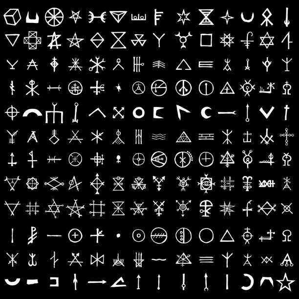 ilustrações de stock, clip art, desenhos animados e ícones de large set of alchemical symbols isolated on white background. hand drawn and written elements for signs design. inspiration by mystical, esoteric, occult theme. vector. - devil demon hell evil