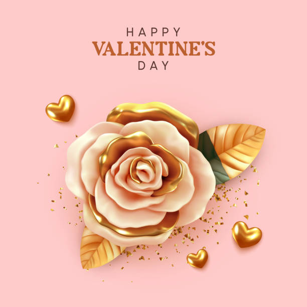 illustrations, cliparts, dessins animés et icônes de joyeuse saint-valentin. contexte avec la rose 3d réaliste de fleur, la couleur beige et d'or, les coeurs de volume d'or, les confettis de scintillement. carte de voeux, affiche de vacances, bannière. dépliant de brochure romantique - ornate swirl heart shape beautiful