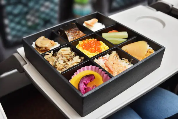 Traditional Japanese train station rice box on the food tray
