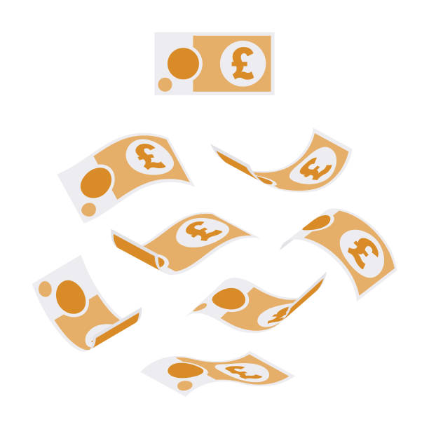 Falling British GBP Ten Pound Notes in Various Positions Isolated on White Background These British Pound Notes have been illustrated in the Flat style in various three-dimensional positions. The falling £10 banknotes are simple but clear and instantly recognisable icons, ideal design elements to add energy to your financial design project. The illustrator 10 vector file can be coloured and customised to suit your needs and scaled infinitely without any loss of quality. british falling pounds stock illustrations
