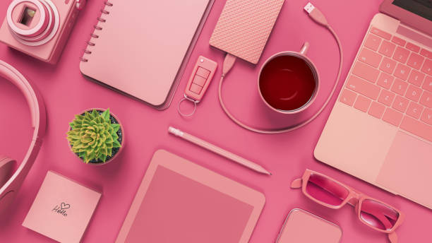 pink office desk table with blank notebook. - book school desk old imagens e fotografias de stock