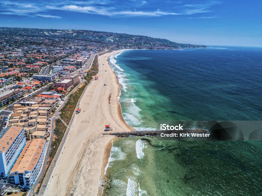 Redondo Beach, California. Aerial view of Jetty and Coastline with Palos Verdes in the distance. Aerial view of coastline. Redondo Beach - California Stock Photo