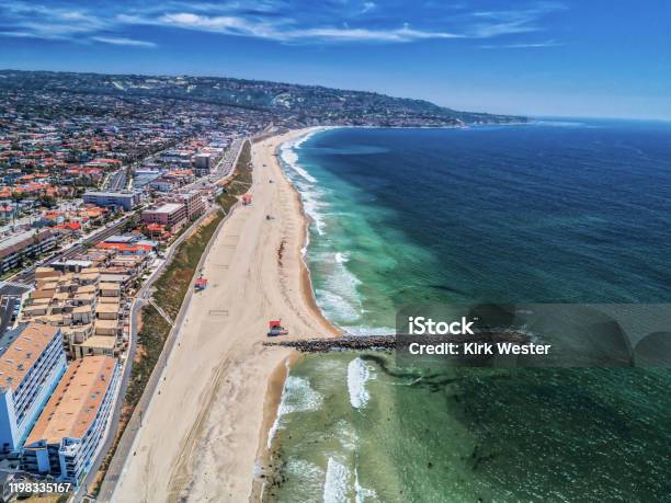 Redondo Beach California Aerial View Of Jetty And Coastline With Palos Verdes In The Distance Stock Photo - Download Image Now