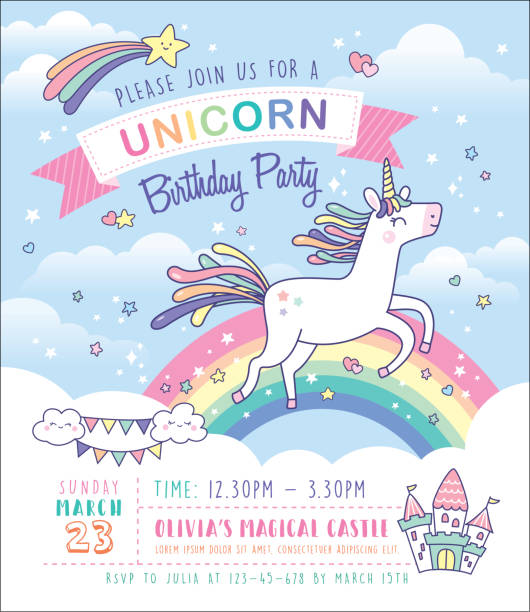 einhorn-geburtstags-party-einladungskarte - unicorn stock-grafiken, -clipart, -cartoons und -symbole