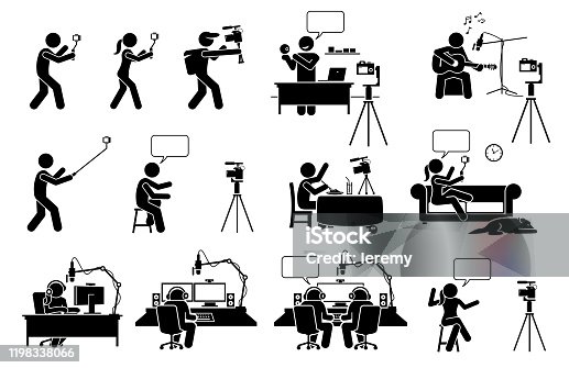 istock Video blog, vlog, podcast, and live streaming stick figure pictogram icons. 1198338066