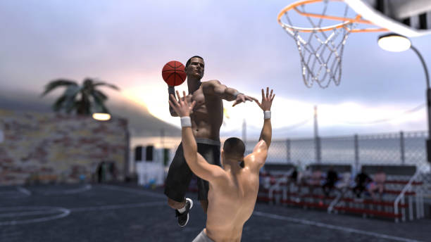 istock One to one streetball hoop game dunk or block 3d render 1198338980