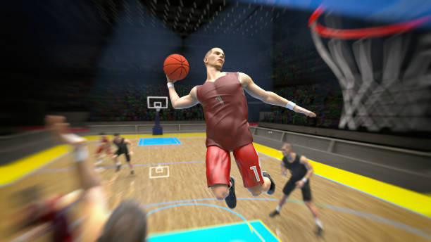 istock Dunk and motion in basketball arena player jumped so high 3d render 1198338986
