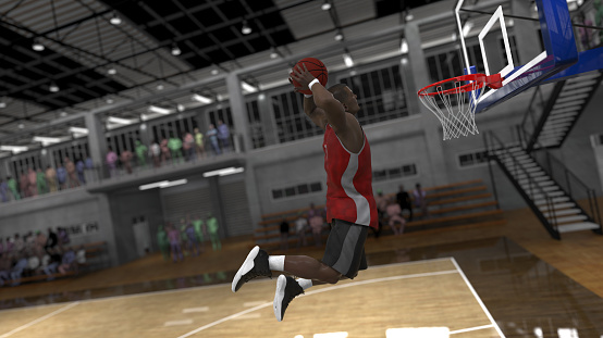 Basketball player showing who has the highest jump in school court 3d render
