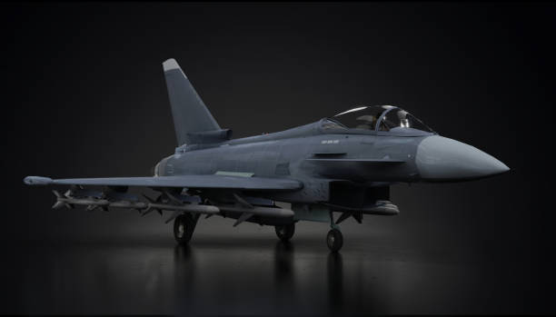 istock Eurofighter typhoon airplane fighter jet fully loaded  in dark background side view 3d render 1198339106