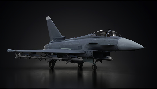 Eurofighter typhoon airplane fighter jet fully loaded  in dark background side view 3d render