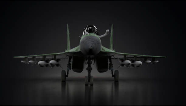 istock Mig-29 mikoyan  russian soviet fighter jet airplane in dark unknown location view from front 3d render 1198339111