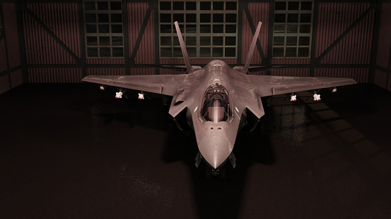 f-35 advanced stealth fighter jet in hangar shining 3d render