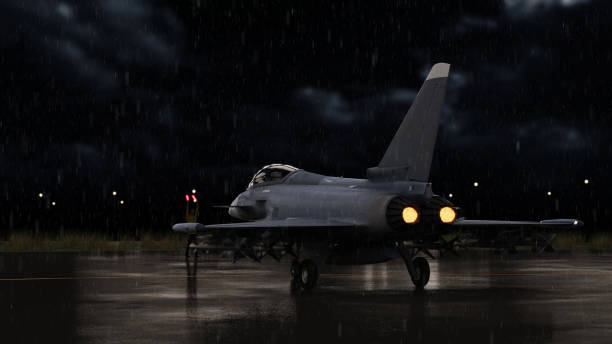 istock Eurofighter jet aircraft under heavy rain engines are ready for take-off 3d render 1198339118