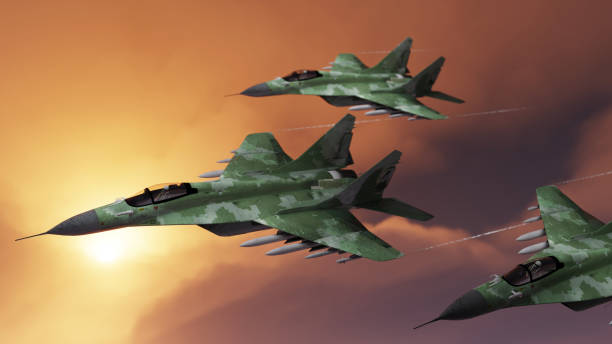 istock Multiple russian migs flying together in vic formation 3d render 1198339120