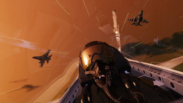 pocisk nad pilotem myśliwca odrzutowego w cockipt widzenia walki powietrznej 3d render - cockpit zdjęcia i obrazy z banku zdjęć