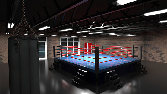 3d render of emtpy boxing hall ready for training