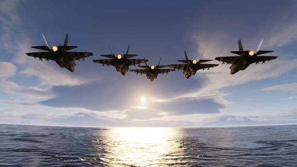 f35 jatos flypast formação sobre o oceano de baixa atitude voando 3d render - fighter plane - fotografias e filmes do acervo