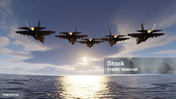 F35 Jets Flypast Formation Over The Ocean Low Attitude Flying 3d Render - Fotografias de stock e mais imagens de Avião de Combate