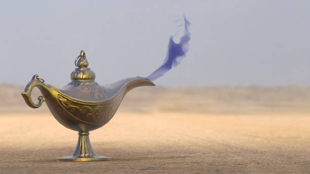 istock Lamp of aladdin in sand with blue smoke 3d render 1198339127
