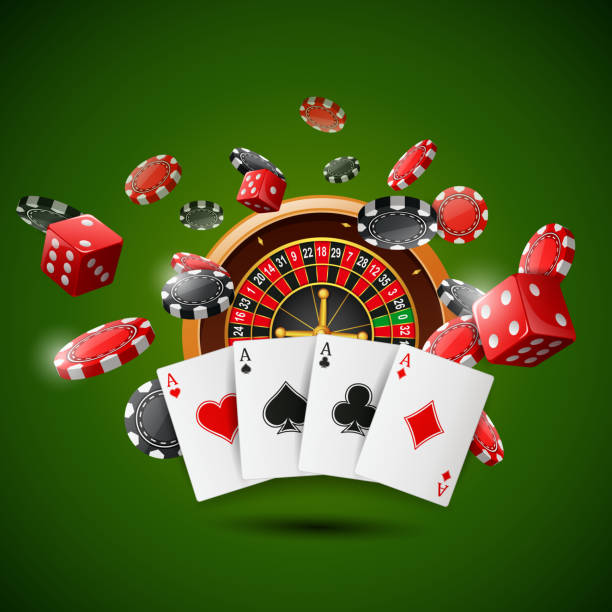 istock Casino roulette wheel with chips poker, playing cards and red dice on sparkling green background 1198339173
