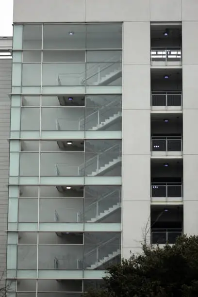 Stairway view of parking garage in Raleigh, North Carolina.