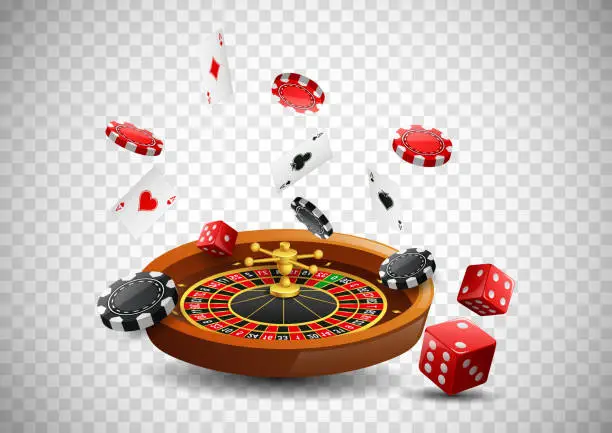 Vector illustration of Casino roulette wheel with chips poker, playing cards and red dice on isolated transparent background