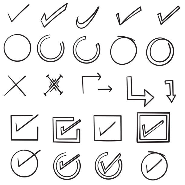 illustrations, cliparts, dessins animés et icônes de signes de contrôle dessinés à la main. marque doodle v pour les éléments de liste, les icônes de craie de case à cocher et les coches d'esquisse. icône de marque de liste de contrôle de vecteur set avec le modèle de dessin animé d'art de ligne - mettre en échec