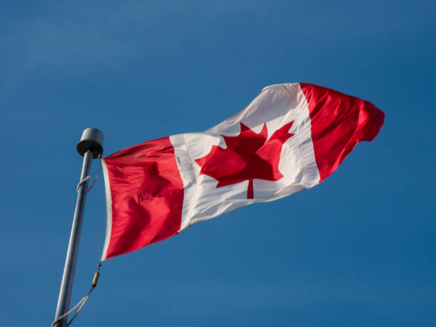 istock Flag of Canada waving in the wind on blue sky background 1198341484