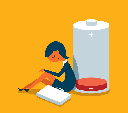 businesswoman with low energy battery stock illustration