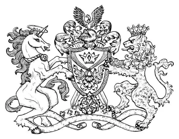 Vector illustration of Heraldic emblem with unicorn and fairy lion beast on white, line art.