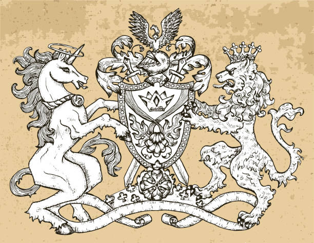 텍스처 배경에 유니콘과 요정 사자 짐승과 헤럴드 엠블럼. - lion coat of arms shield backgrounds stock illustrations