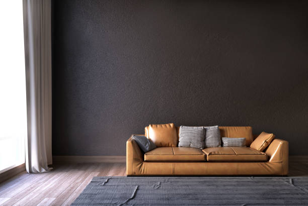 istock Living room with sofa and gray wall background. 3D illustration 1198349104