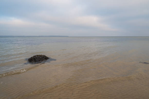pebbles on a sandy shore in clear water. The silky waves of a blue lake hit the stones. Natural background.