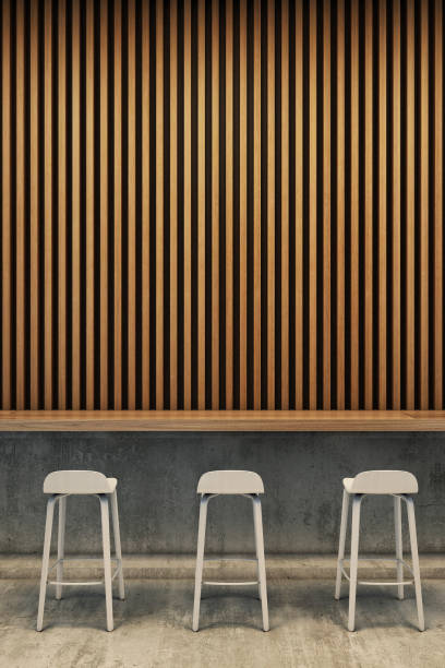 Counter bar with White wood panel wall. 3D illustration