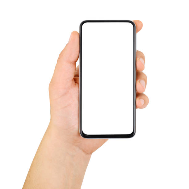 白に隔離された空の画面を持つ��手持ちの携帯電話 - 左利き ストックフォトと画像