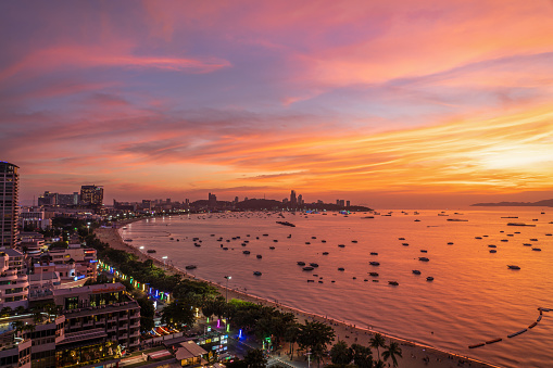 Pattaya,Thailand-November 30,2019 ; Aerial top view of of Pattaya beach in the evening and beautiful sunset sky