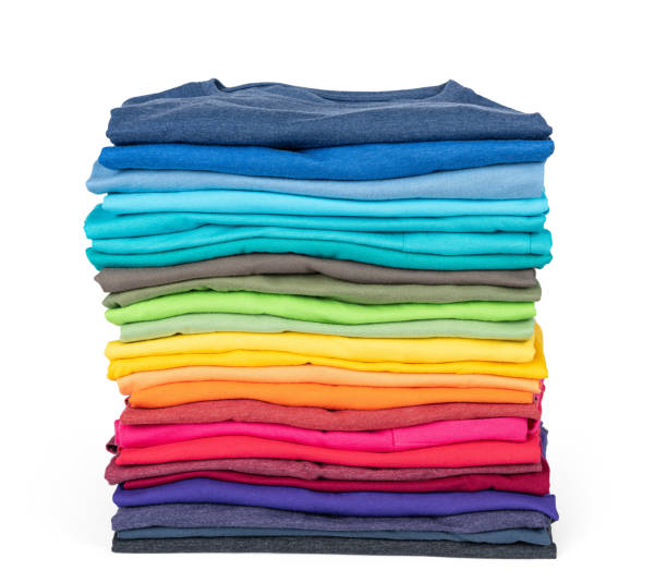 stack of colorful t-shirt isolated on white background. file contains a path to isolation. - monte roupa imagens e fotografias de stock