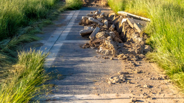 istock Panorama frame Road construction with damaged concrete paved road viewed on a sunny day 1198358669