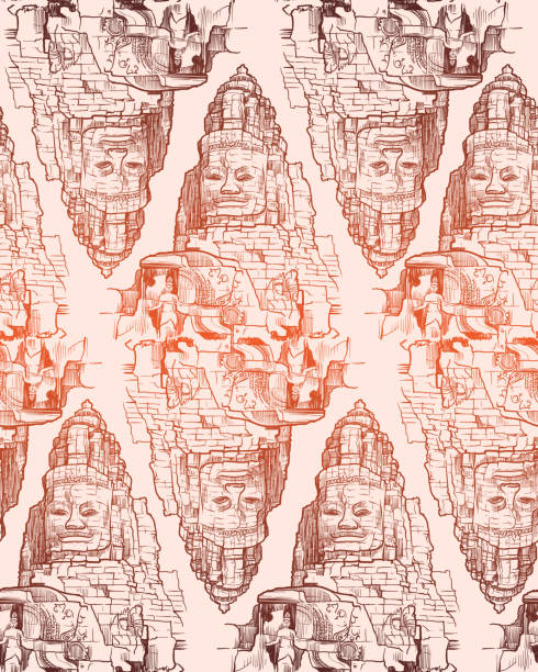 ilustrações de stock, clip art, desenhos animados e ícones de buddha temple in angkor wat, cambodia. seamless pattern - angkor wat