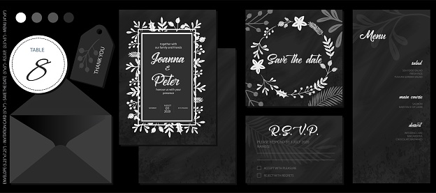 White Chalk Drawing Spring Flowers and Leaves with Blackboard Background, Wedding Invitation Template Set. Table Number&Thank You Labels, Invitation Card, Save The Date Card, R.S.V.P. Card and Menu. Elegant Design Elements for Your Special Day.(See the size info on the left)