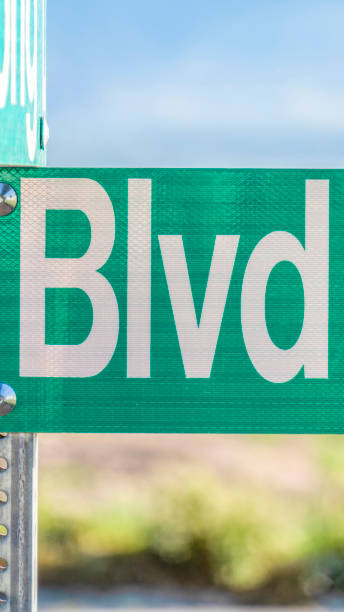 istock Vertical Selective focus on a green and white road street sign that reads Blvd 1198362736