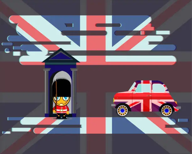 Vector illustration of Old English car with the flag of Great Britain. Guard of the Queen of England against the backdrop of the flag of Great Britain.
