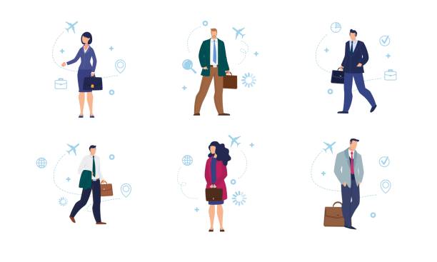 Traveling Businesspeople Vector Characters Set Traveling, Going on Work Trip, Flying on Plane Businesspeople Trendy Flat Vector Characters Set Isolated on White Background. Businesswomen, Businessmen, Company Employees with Briefcase Illustrations charter stock illustrations