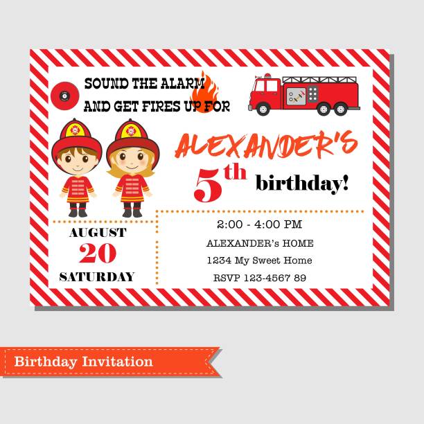 Fire Fighter Birthday Invitation Fire fighter or fire department theme birthday Invitation for boy and girl firefighter birthday stock illustrations