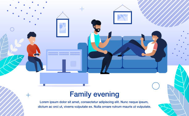 illustrazioni stock, clip art, cartoni animati e icone di tendenza di striscione vettoriale piatto di routine della serata familiare, poster - people living room mother son