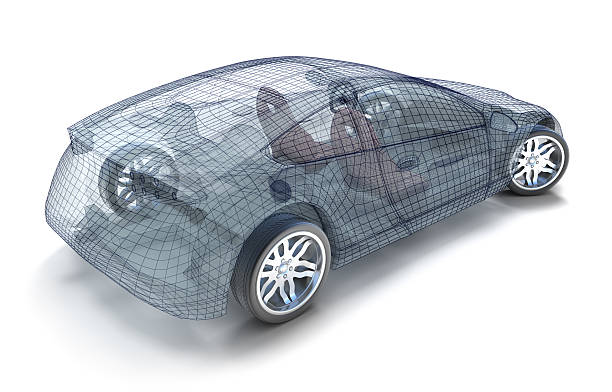 Backside view of sports car wireframe Wireframe image of a user-designed two door sports car on a field of white.  The sports car is photographed from the rear and features smooth curves throughout.  The interior of the car is visible through the wireframe and the tires are completely visible and modeled. wire frame model photos stock pictures, royalty-free photos & images