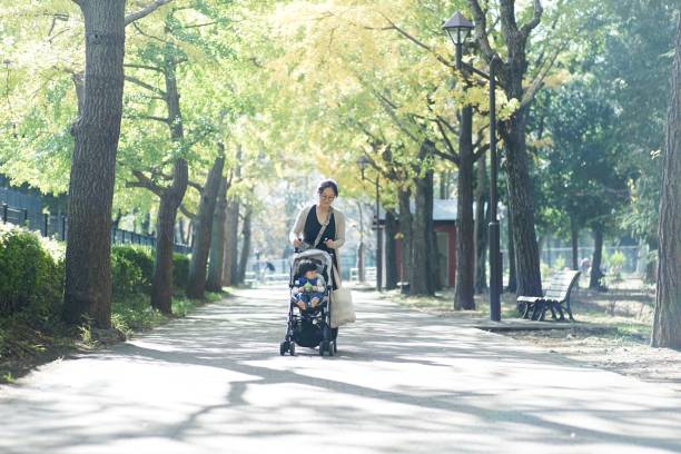 公園のベビーカーに座っている母親と男の子 - treelined ストックフォトと画像