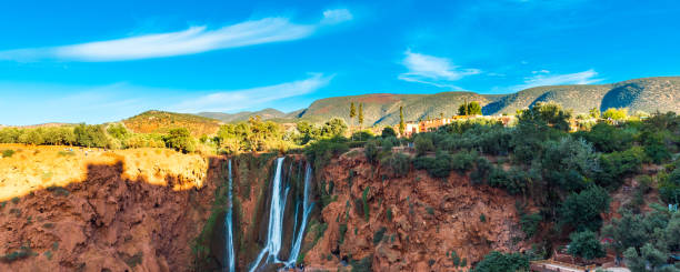 ouzoud waterfalls in grand atlas village of tanaghmeilt, marrakesh, morocco. - grand atlas imagens e fotografias de stock
