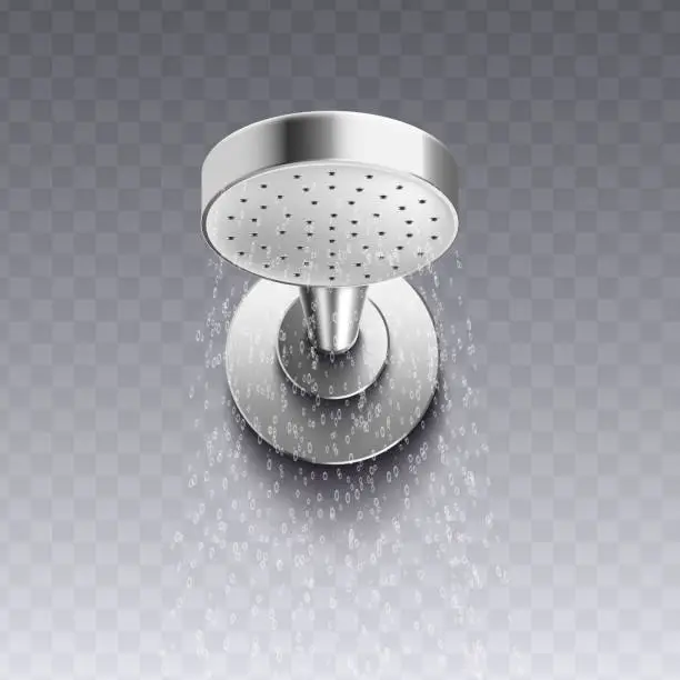 Vector illustration of Modern wall mount shower head with round shape and realistic shiny metal surface