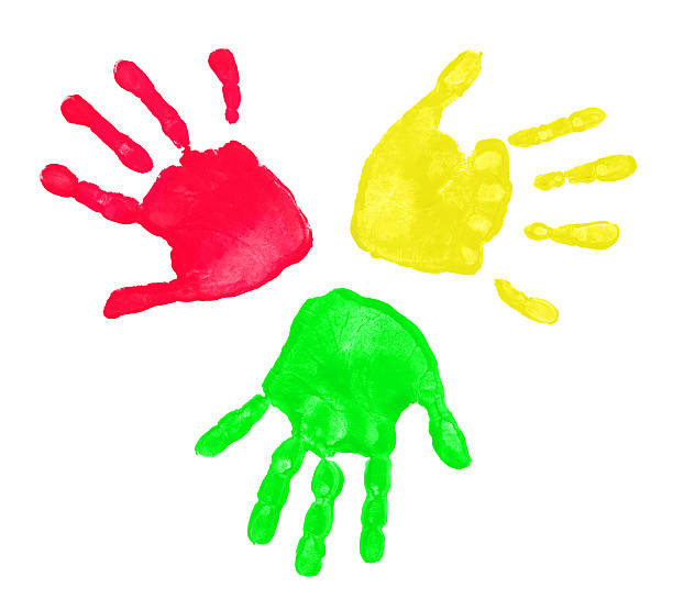 istock Red, green, yellow handprints on white background 119837613
